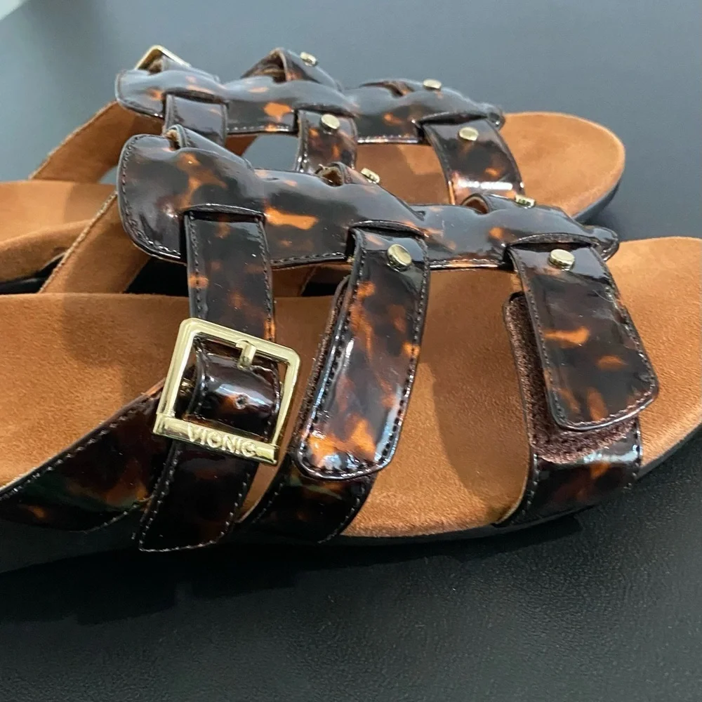 New Vionic Radia Wedge Heel Sandals Size 10 Tortoise Shell Black Brown Ajustable